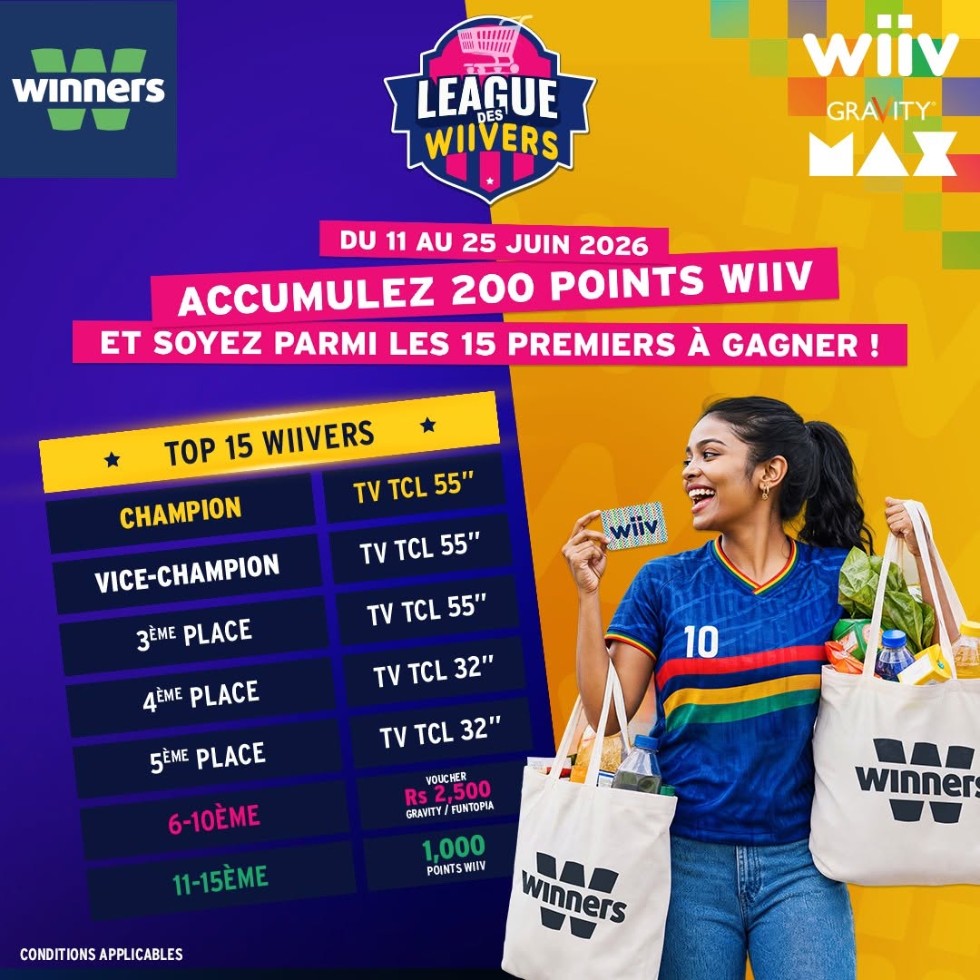 May be an image of text that says "winners Sa tF UEИrИ 日野 LEAGUE WIIVERS wiiv GRAVITY ITY DU 11 AU 25 JUIN 2026 ACCUMULEZ 200 POINTS WIIV ET SOYEZ PARMI LES 15 PREMIERS À GAGNER TOP 15 WIIVERS t TCL 55" CHAMPION VICE-CHAMPION TCL 55" 3eME PLACE ...