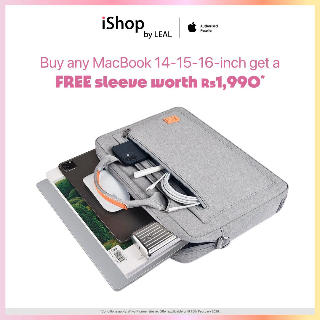 May be an image of text that says "iShop, by LEAL Authorised Reseler esel Buy any MacBook 14-15 14-15-16-inch inch get a FREE sleeve worth Rs1, Rs1,990* talb.oemaeiae εppία "Goechliamai applzsble: 2028"