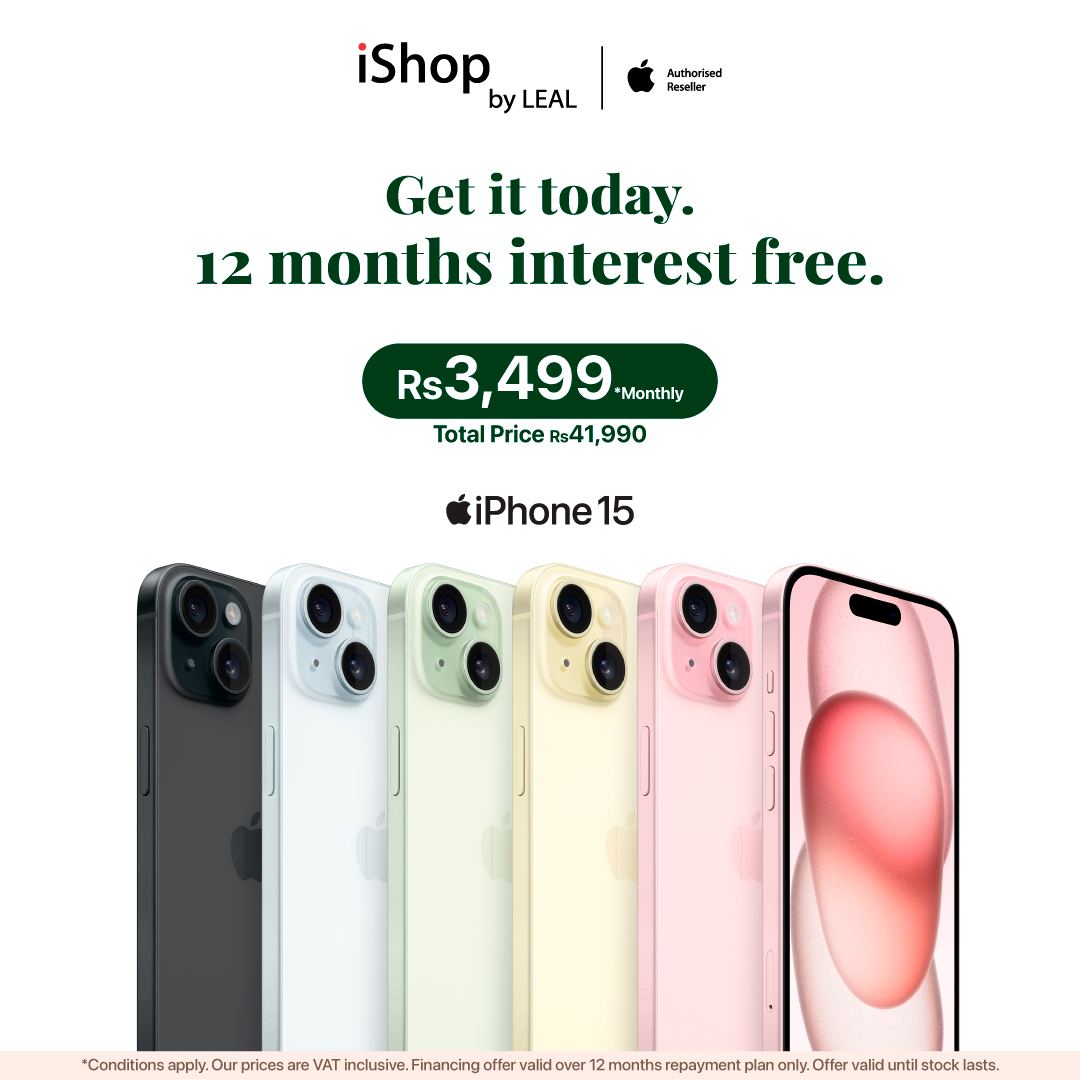 May be an image of phone and text that says "iShop by LEAL Authorised Rleseler Get it today. 12 months interest free. Rs3,499. Rs3, 499 "Monthly Rs Total Price Rs4 s41,990 990 iPhone 15 *Conditions apply. Our prices ar VAT nclusive. Financing offer val...