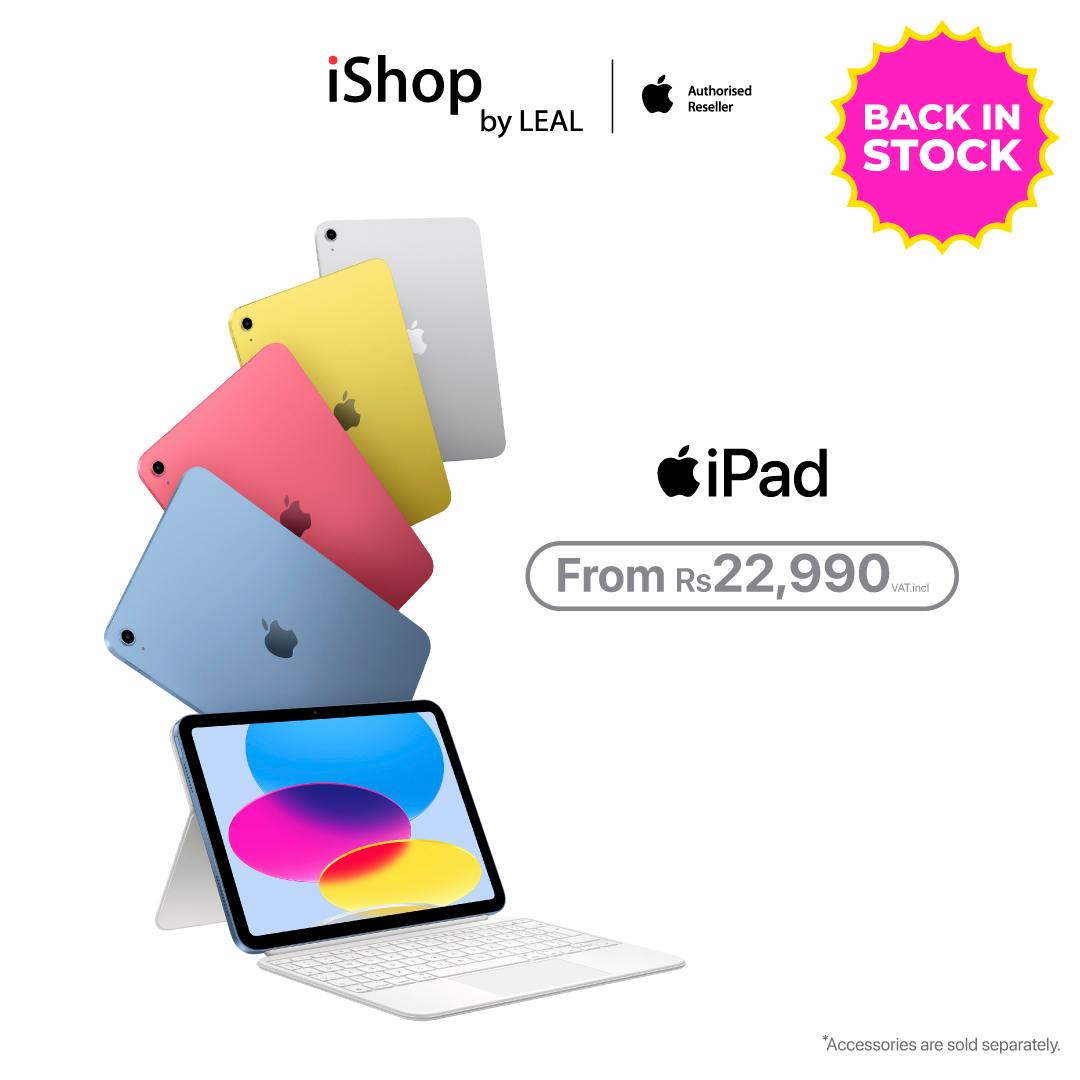 May be an image of phone, digital audio player and text that says "iShop by LEAL Authorised Reseller eala BACK IN STOCK iPad From Rs. 22,990 VATinci 'Accessoriesaresold.scparatel sold"