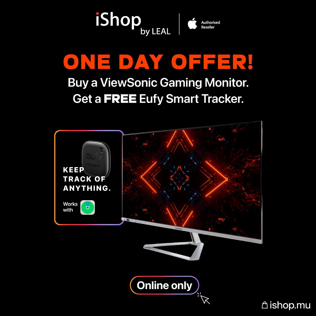 May be an image of text that says "iShop by LEAL Authorised ONE DAY OFFER! Buy a ViewSonic Gaming Monitor. Get a FREE Eufy Smart Tracker. KEEP TRACK OF ANYTHING. Works with Online Onlineonly only ishop.mu 다"