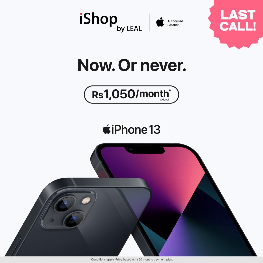 May be an image of phone and text that says "iShop by LEAL Authorised Reseller LAST CALL! Now. Now.Ornever. Or never. Rs1,050/month month WATinel iPhone1 13 "Cenditions apply. Price based A 30 month payment Conlicactea alan."