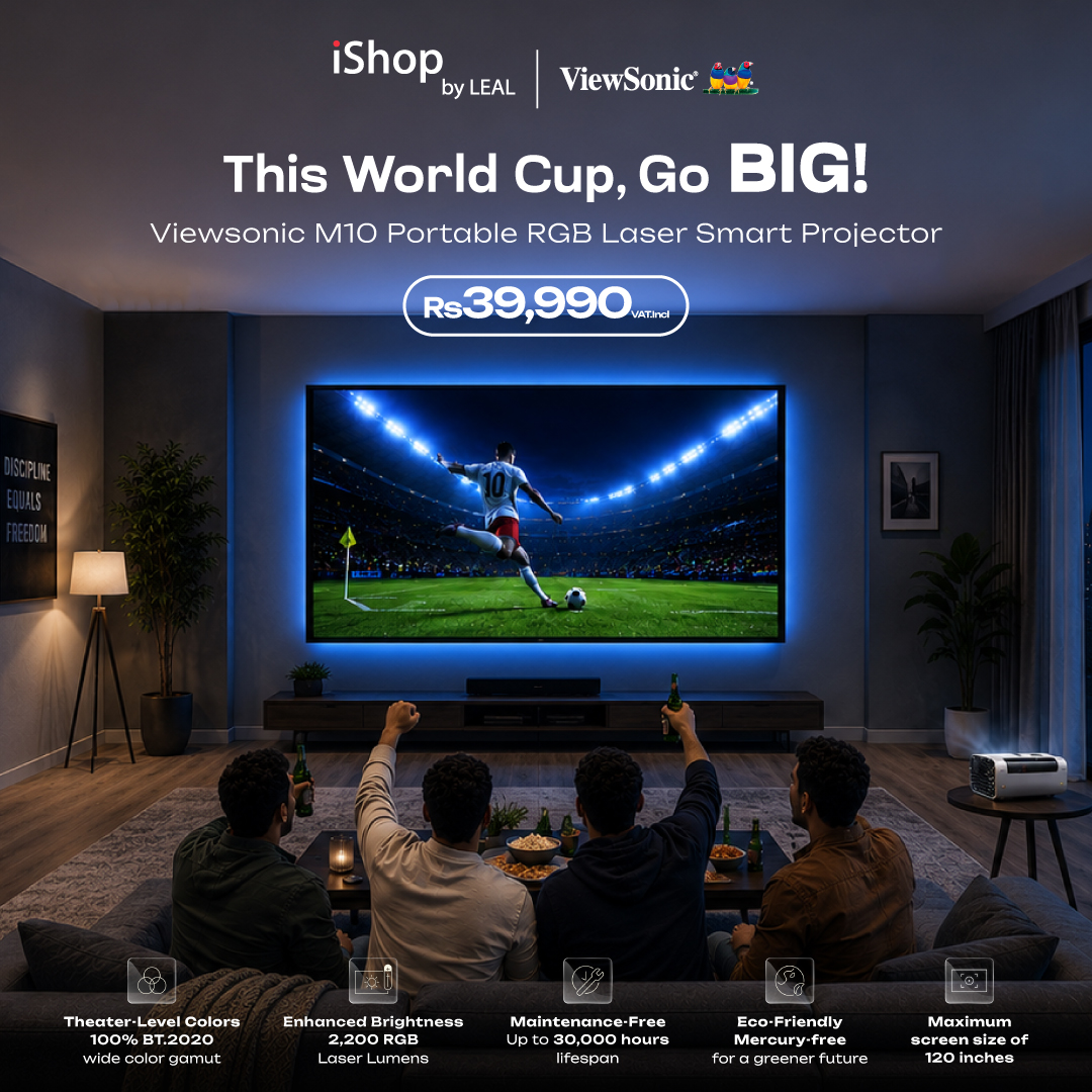 May be an image of television and text that says "iShop by LEAL ViewSonic This World World Cup, Go BIG! Viewsonic M10 Portable RGB Laser Smart Projector Rs39,990 MaTinol Theater -Level Colors 100% 100%BT.2020 E BT.2020 wide color goN EnhancedBrightness...