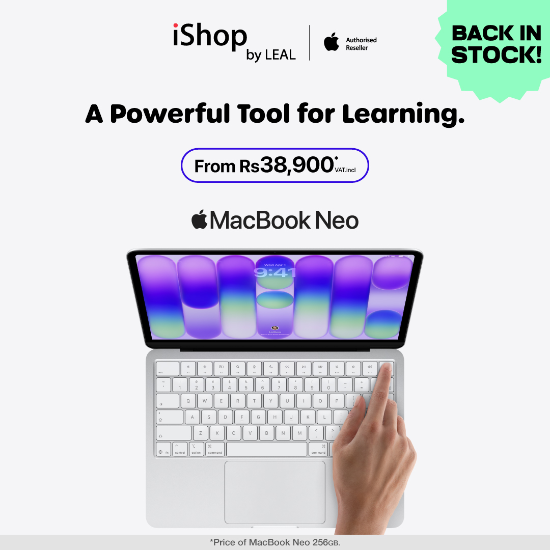 May be an image of text that says "iShop by LEAL Autharised Reseller BACK IN STOCK! A Powerful Tool for for Learning. From Rs38,900: B,900 WATinci MacBook Neo 9:4 *Price MacBook Neo 256GB."