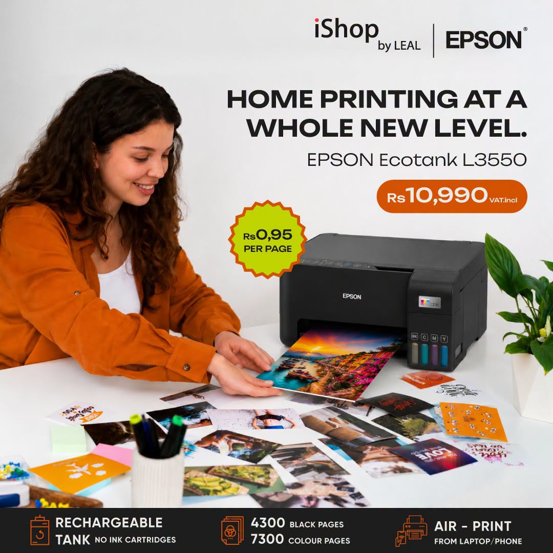 May be an image of text that says "iShop by byLEAL EPSON® HOME PRINTING AT A WHOLE NEW LEVEL. EPSON Ecotank L3550 Rs Rs10,990varine VAT.incl ,990 RsO,95 PER PAGE EPSON SPO RECHARGEABLE TANK O NK TANKNOINKCARTRIDGES NKCARTI CARTRIDGES 4300 4300BLACKPAG...