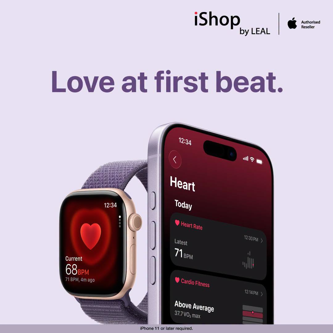 May be an image of heart, wrist watch and text that says "iShop by LEAL Authorised Reseler Reseler Love at first beat. 12:34 < 川 12:34 Heart Today HeartRate Heart Latest 71 BPM Current 68 68BPM BPM 18PM,4mago go CardioFitness Fit Cardio Above AboveAv...