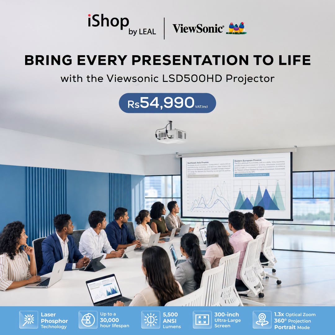 May be an image of text that says "iShop by LEAL ViewSonic BRING EVERY PRESENTATION TO LIFE with the Viewsonic LSD500HD Projector Rs54,990 990MT. VAT.nel Rs54, Laser Phosphor Technology Uptoa 30,000 hour ourlifespan 5,500 ANSI Lumens K当 300-inch Ultr...