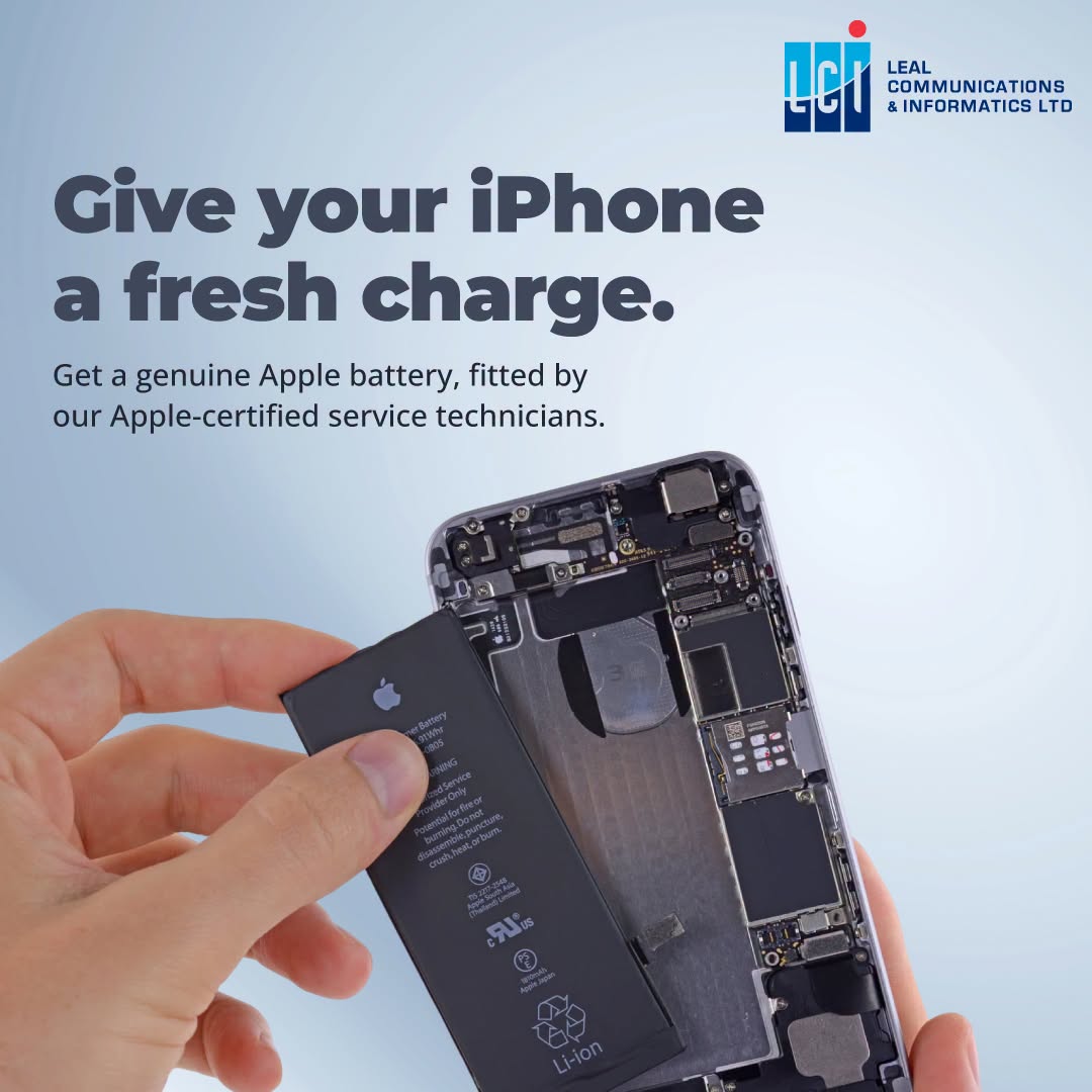 May be an image of digital audio player, phone and text that says "LCI tt nd LEAL COMMUNICATIONS &INFORMATICSL LTD Give your iPhone a fresh charge. Get a genuine Apple battery, fitted by our Apple-certified service technicians. လှေ၂ 89 Li-ion"